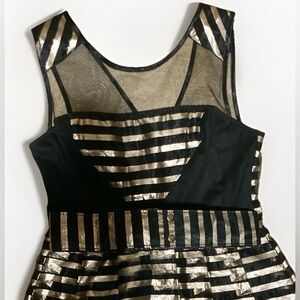 Gygess Cocktail Dress Turkish size 10 wedding guest Glam Black Gold Stripe EU 40